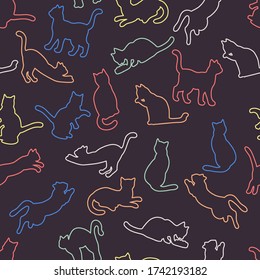 Vector Multi-colored Outlines Of Cat Silhouettes In Motion On A Dark Background, For Packaging Design, Covers, Wallpaper, Print On Textiles