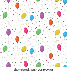 Globos vectoriales de partidos multicolores y un patrón sin fisuras de confeti. Ideal para tarjetas de felicitación de cumpleaños, bodas, celebraciones de año nuevo, festivales y duchas de bebé 