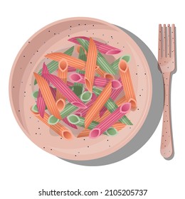 Vector multicolored pasta penne rigate in coral plate with fork isolated on white background. Top view of the dish. Realistic illustration.