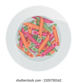 Vector multicolored pasta penne rigate in plate isolated on white background. Top view of the dish.
