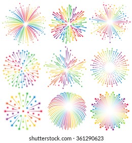 Vector multicolored with rainbow colors Fireworks Illustrations set