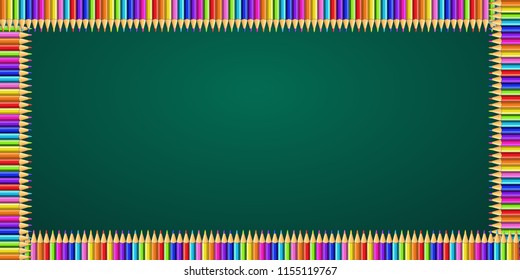 Vector multicolored rectangle frame made of colorful rainbow pencils on green blackboard background with empty copy space for text. Back to school or teachers day template.