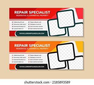 Vector multicolored red and yellow banner template design. collection banner horizontal layout. space for photo and text. headline is repair specialist. 