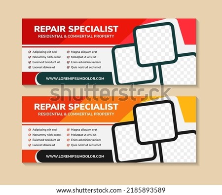 Vector multicolored red and yellow banner template design. collection banner horizontal layout. space for photo and text. headline is repair specialist. 