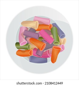 Vector multicolored rigatoni pasta in a plate isolated on white background. Top view portion.
