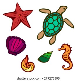 vector multicolored sea creatures: turtle, starfish, sea horse and shells