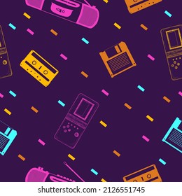 vector multicolored seamless background with objects from 90s