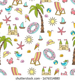 Vector multi-colored seamless pattern on the theme of summer sea holidays: palm tree, sun, crab, chaise longue, seagull, sand castle, ball, ice cream, starfish, shells, juice on a white background