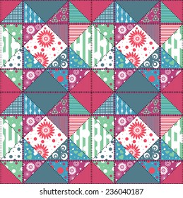 Vector multicolored seamless pattern in patchwork style  with the image of abstract flowers, hearts,polka dots, the cell, striped, plain,lines.