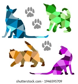 Vector multicolored set geometric silhouettes of cats isolated on a white background
