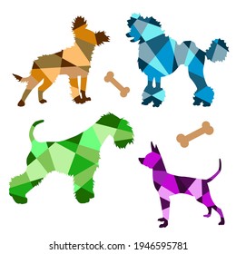 Vector multicolored set geometric silhouettes of dogs isolated on a white background
