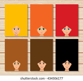 vector multicolored set of long hair heads woman, updo girls vertical banners, blank, empty, frame, sign, board, background, wallpaper for text, label, card, flyer for beauty salon. Color illustration