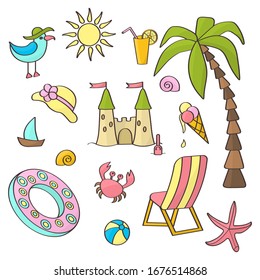 Vector multi-colored set on the theme of summer sea holidays: palm tree, sun, crab, chaise longue, Seagull, sand castle, ball, ice cream, starfish, shells, juice on a white background. 