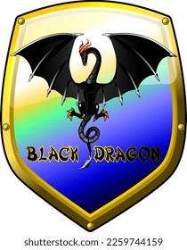 Vector multicolored shield with highlighted black dragon. Illustrative art, amazing illustration, cute and adorable! The best vector dragon made on whim! Decoration for halloween night! God is good!