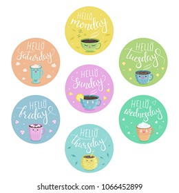 Vector multicolored stickers with days of the week and inscriptions