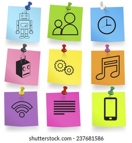 Vector of multi-colored sticky notes with icons.