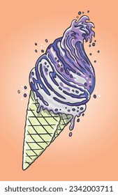 Vector multicolored stylized illustration of ice cream with waves. Art in stripped lines, handmade.