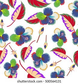 Vector multicolored tropical leaves, buds and hibiscus flowers seamless pattern. Hand painted hibiscus illustration on white background.