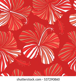 Vector multicolored tropical leaves, buds and hibiscus flowers seamless pattern. Hand painted hibiscus illustration on red background.