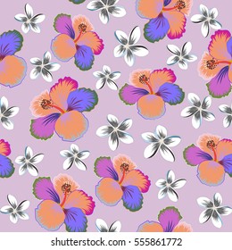 Vector multicolored tropical leaves, buds and hibiscus flowers seamless pattern. Hand painted hibiscus illustration on neutral background.