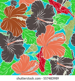 Vector multicolored tropical leaves, buds and hibiscus flowers seamless pattern. Hand painted hibiscus illustration on blue background.
