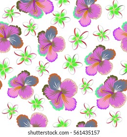 Vector multicolored tropical leaves, buds and hibiscus flowers seamless pattern. Hand painted hibiscus illustration on white background.