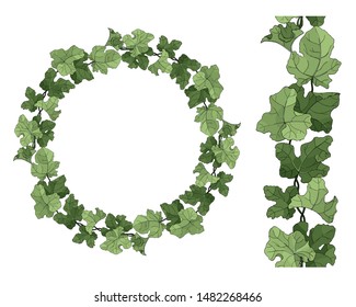 Vector multicolored wreath and seamless brush with pumpkin green leaves isolated on white background. Saturated color for your holiday design. Template for greeting card.