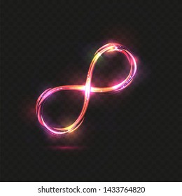 Vector multicolored yellow and pink transparent magic glowing light infinity sign swirl trail on black background. Angled neon glitter fire spark spiral wavy line.