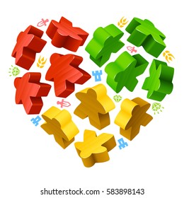 Vector multicoloured game pieces in the shape of heart. Red, yellow and green wooden meeples, and resources counter icons isolated on white background. Concept of love by board games 