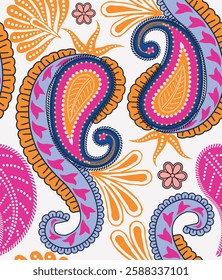 Vector Multicoloured Paisley Pattern on Off-white Base