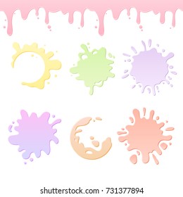 Vector multi-coloured yoghurt blots and splash set, dripping liquid drips seamless. Vector design for desserts or cafeteria, patisserie cakes, packaging and advertising.