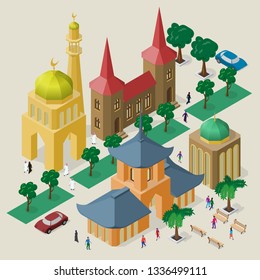 Vector multicultural cityscape. Set of isometric objects. Buildings, mosque, temple, pagoda, benches, trees, cars and people.