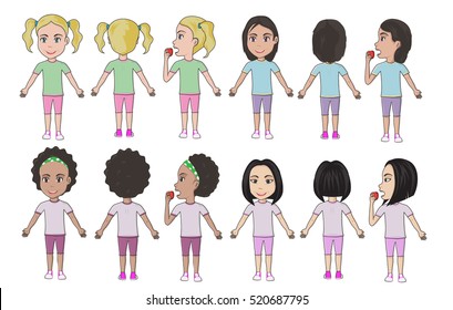 Vector of multicultural girls in different poses