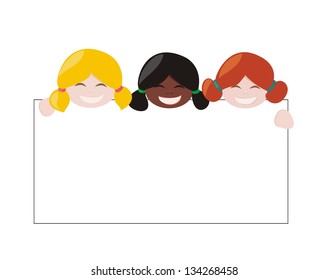 Vector multicultural girls holding white banner. Blond, ginger and black hair hostess smiling and showing big empty page add. Illustration isolated on white background. Happy kids with text or photo