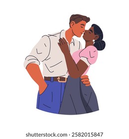 Vector multicultural kissing couple. Loving pair kiss clipart. Affection and passion, intimacy and lover illustration for Valentines Day or loving relationship. Tender and connection, togetherness.