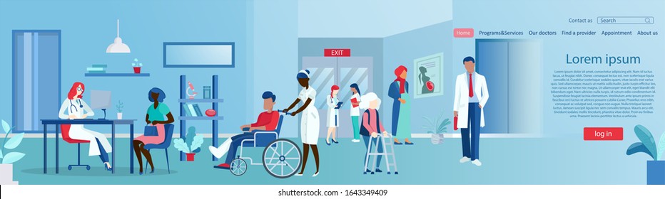 Vector of multicultural patients standing in hospital hall with doctors and nurses assiting and giving consultation 