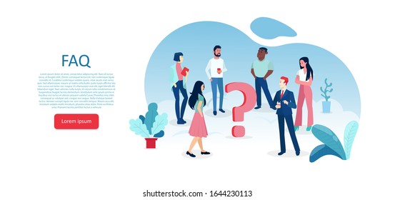 Vector of multicultural people standing around a question mark looking for an answer 