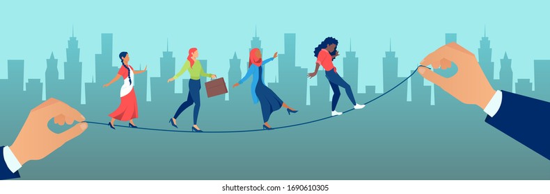 Vector of multicultural women balancing on a rope held by businessmen 