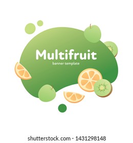 Vector multifruit modern fluid banner. Colorful gradient kiwi, apple and oranges on green liquid frame isolated on white. Design illustration for eco poster, vitamin fruit menu, backdrop, poster, card