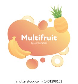 Vector multifruit modern fluid banner. Colorful gradient banana, apricot, pineapple on orange liquid splash frame. Design illustration for eco poster, vitamin fruit menu, backdrop, poster, card