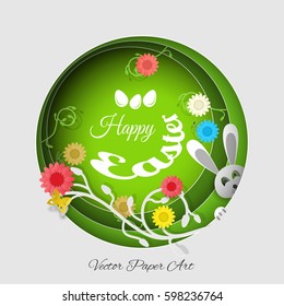 Vector multilayer paper art carve for Easter with peeping rabbit gray head, eggs, flowers, butterflies, shadows and text on the gradient gray and green background.