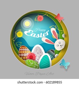 Vector multilayer paper art carve for Easter with peeping bunny, eggs, flowers, butterflies, shadows and text on the gradient gray, yellow and green background.