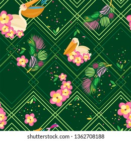 Vector multi-layered seamless pattern. Pattern of rhombuses in shades of green, tropical leaves and pelicans in flowers. Dark green background