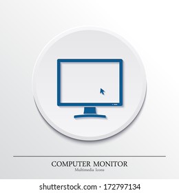 Vector multimedia icons on button, computer monitor.