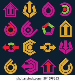 Vector multimedia signs collection isolated on black background. Purple and yellow flat abstract design elements, can be used in web and graphic design and as marketing symbols.