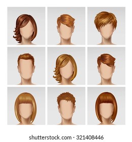 Vector Multinational Male Female Face Avatar Profile Heads with Multicolored Hairs Icon Picture Set Isolated on Background