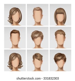Vector Multinational Male Female Face Avatar Profile Heads with Multicolored Hairs Icon Picture Set Isolated on Background