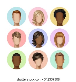 Vector Multinational Male Female Face Avatar Profile Heads with Multicolored Hairs Icon Picture Set Isolated on Background