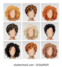 Vector Multinational Male Female Face Avatar Profile Heads with Multicolored Hairs Icon Picture Set Isolated on Background