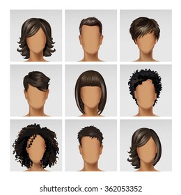 Vector Multinational Male Female Face Avatar Profile Heads with Multicolored Hairs Icon Picture Set Isolated on Background